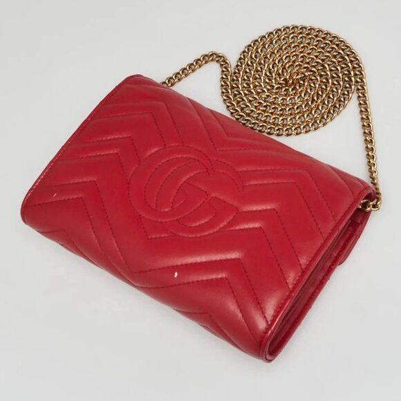 Gucci Red Quilted Leather GG Marmont 2.0 Chain Wallet Clutch Bag - Picture 3 of 12
